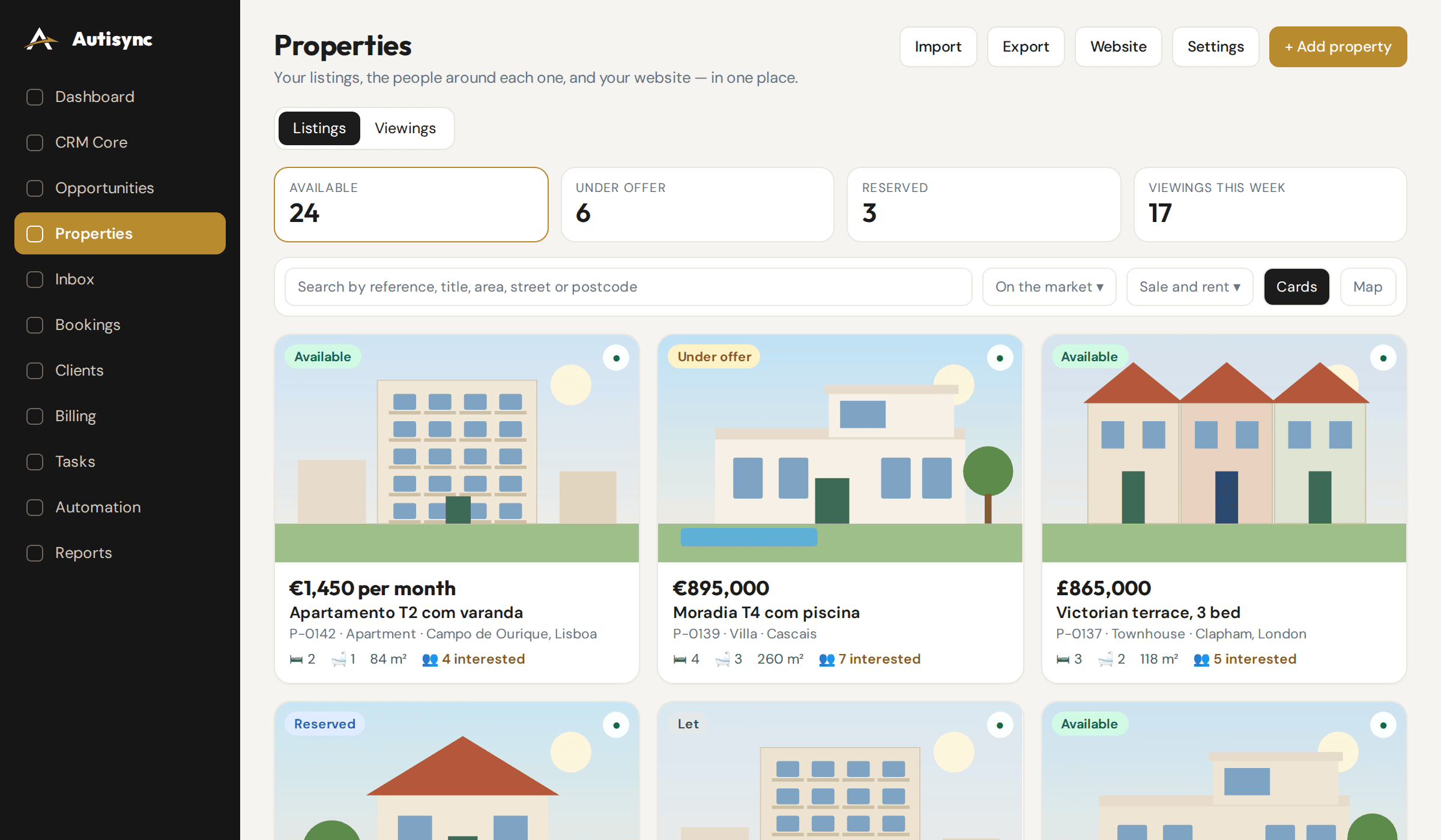Autisync CRM properties view: listings with photos, price, status and interested buyers